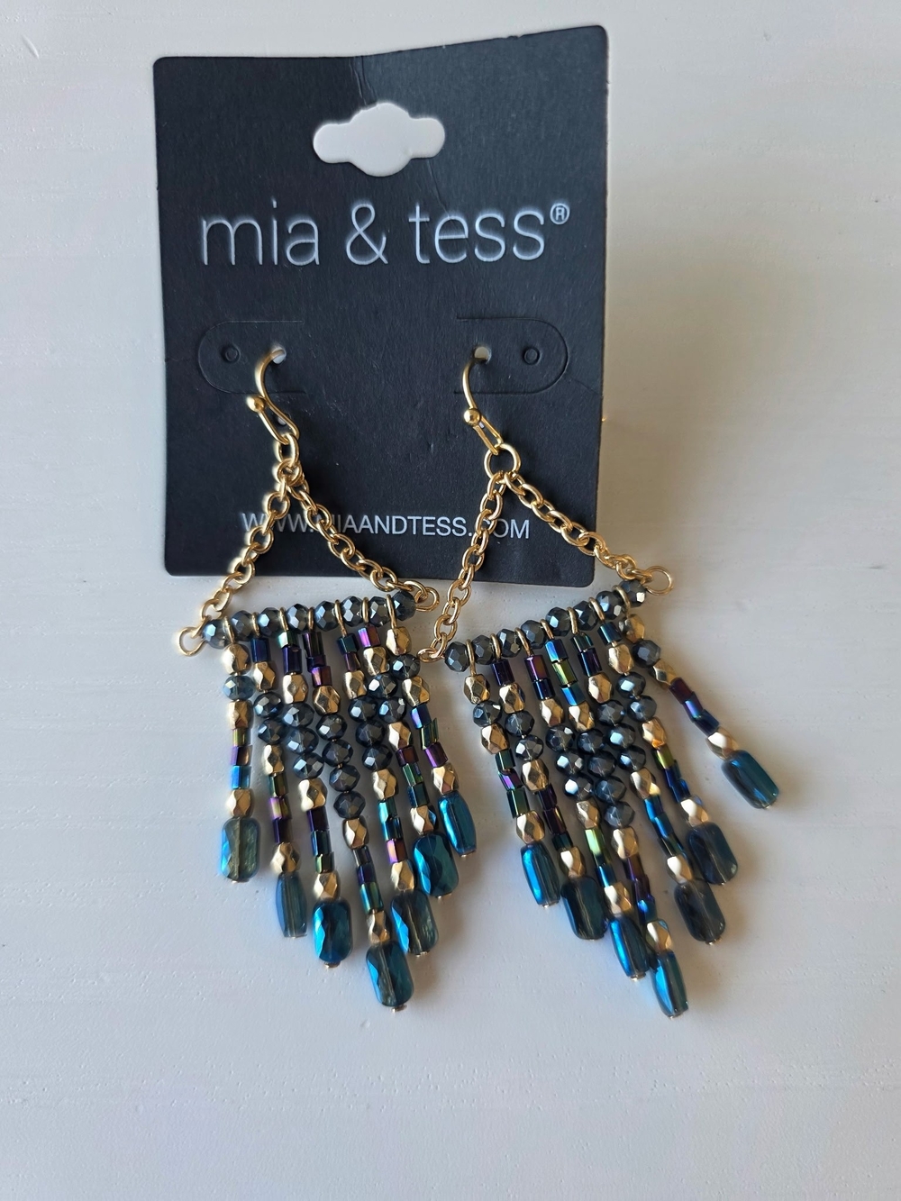 NWT ~ Mia & Tess Women's Blue Beaded Fringe Drop Earrings